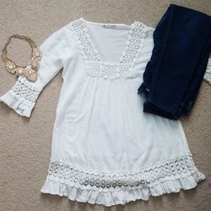 White Linen Crochet Tunic Top